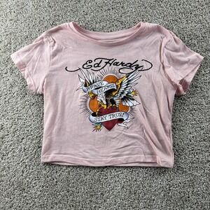 Ed Hardy Shirt Womens Medium Pink Brave Hearts Eagle Graphic Cropped Tee T-Shirt